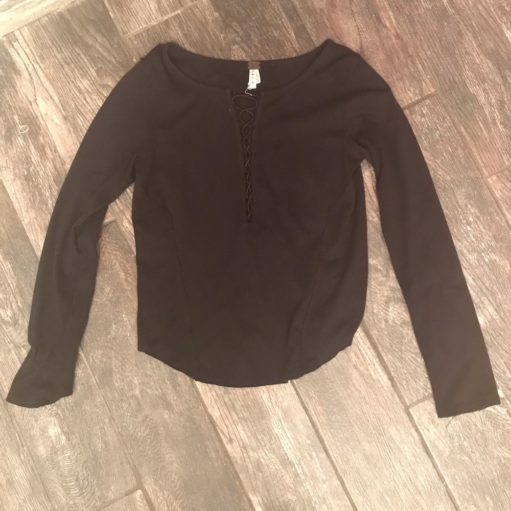 Free People Black Lace Up Long Sleeve Top Small